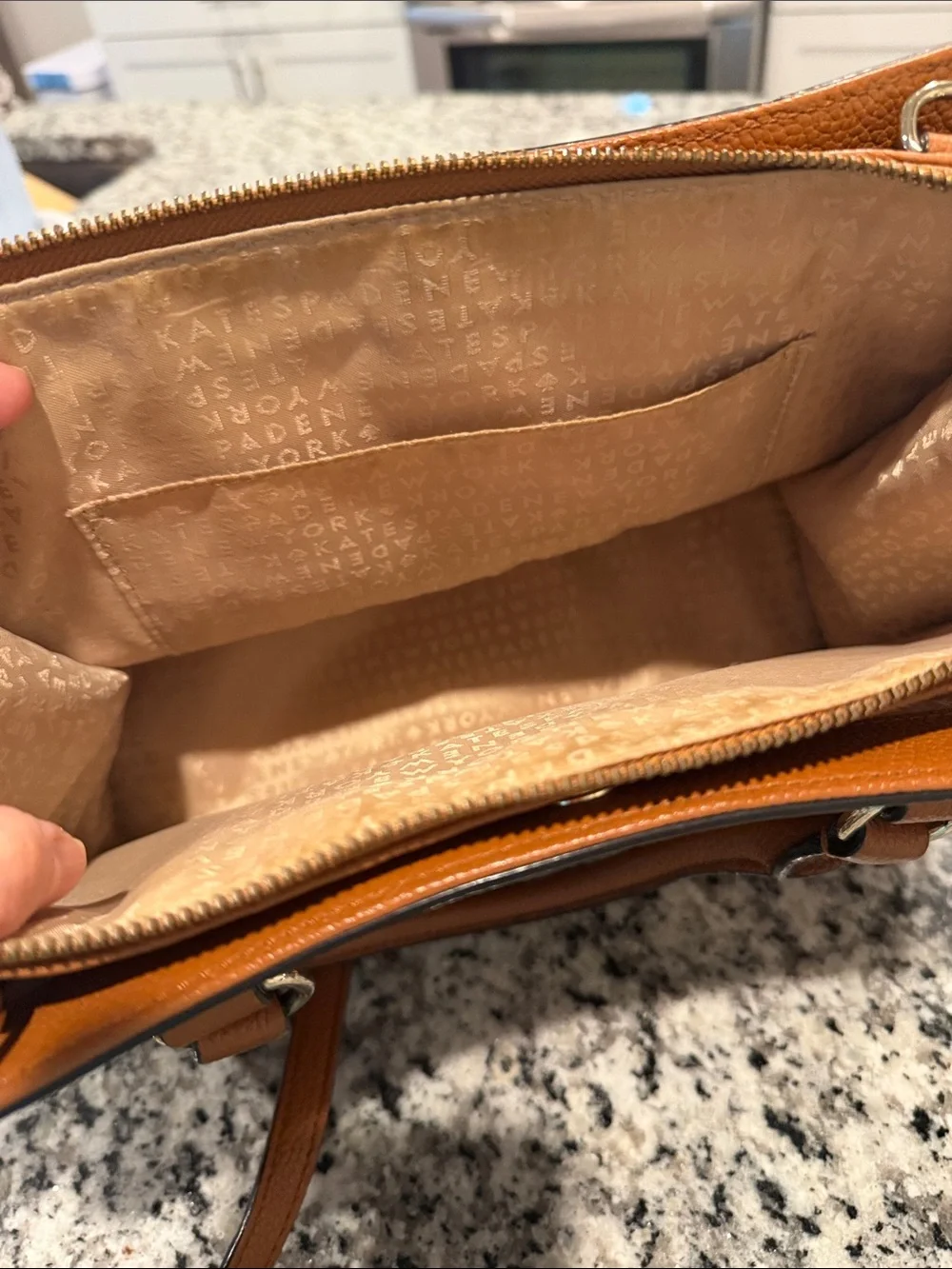 kate spade Tan Pebbled Leather Satchel with Gold Logo